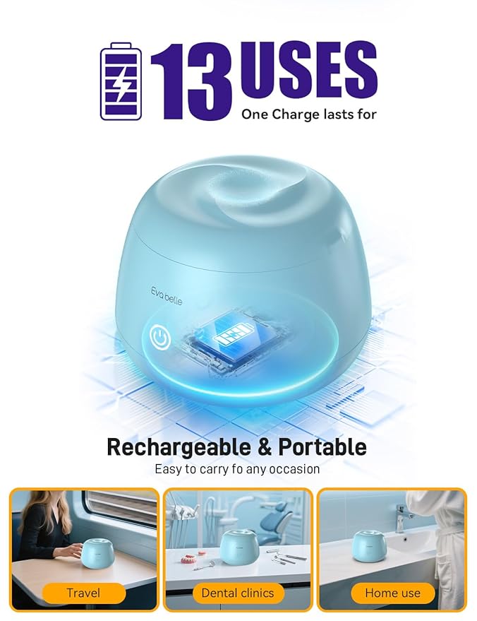 Ultrasonic Retainer Cleaner, EVA BELLE Denture Retainer Cleaner Machine, Tooth Cleaner for Oral Dental Care, Portable Rechargeable Dental Cleaning Pod for Night Guards, Braces, Aligner, Jewelry