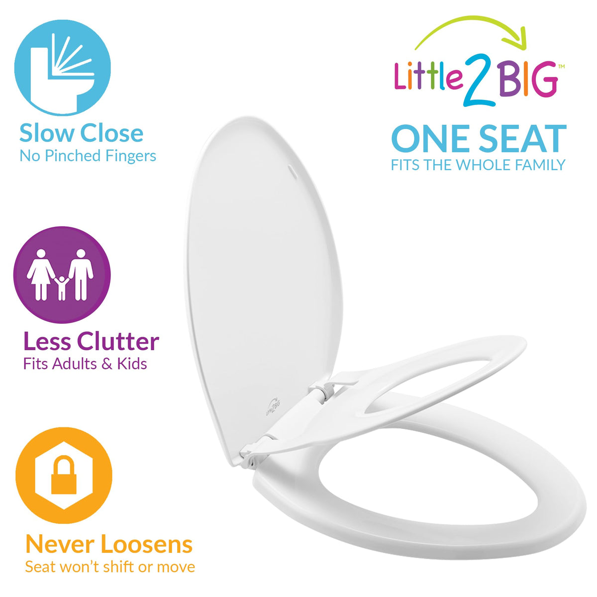 Little2Big Toilet Seat with Built-In Toddler Potty Training Seat, Slow Close, Easy to Install, Made in USA, ELONGATED, White