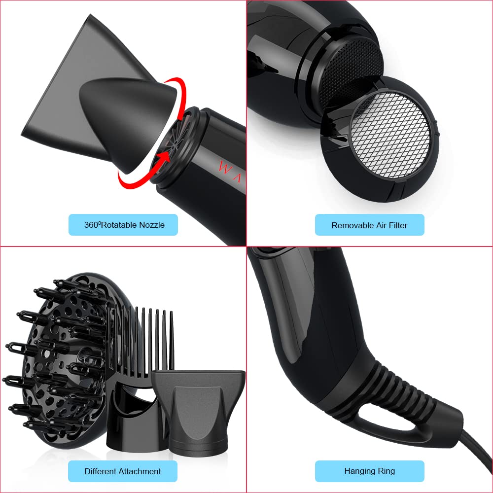 Professional Powerful Hair Dryer Negative Ionic 2 Speeds and 3 Temperature Settings and Cool Shot Button 1875w AC Motor Fast Drying Blow Dryer with Concentrator