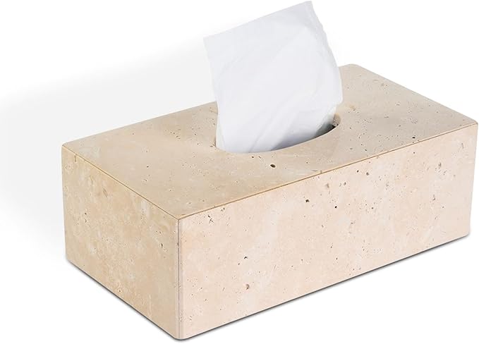 Natural Marble Tissue Box Cover, Beige Tissue Organizer L 10 x W 5.5 x H 3.5 Inch, Heavy Stone Decorative Box, Square Tissue Box Holder for Home Decor, Kitchen, Bathroom