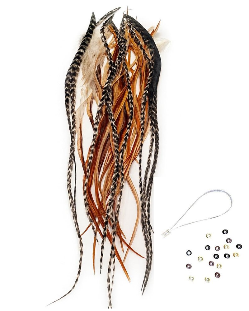 Sexy Sparkles Feather Hair Extension – 25 Loose Long Natural Rooster Feathers in Brown, Beige, and Grizzly, All Individual Feathers, Ranging From 6 to 11 Inches in Length