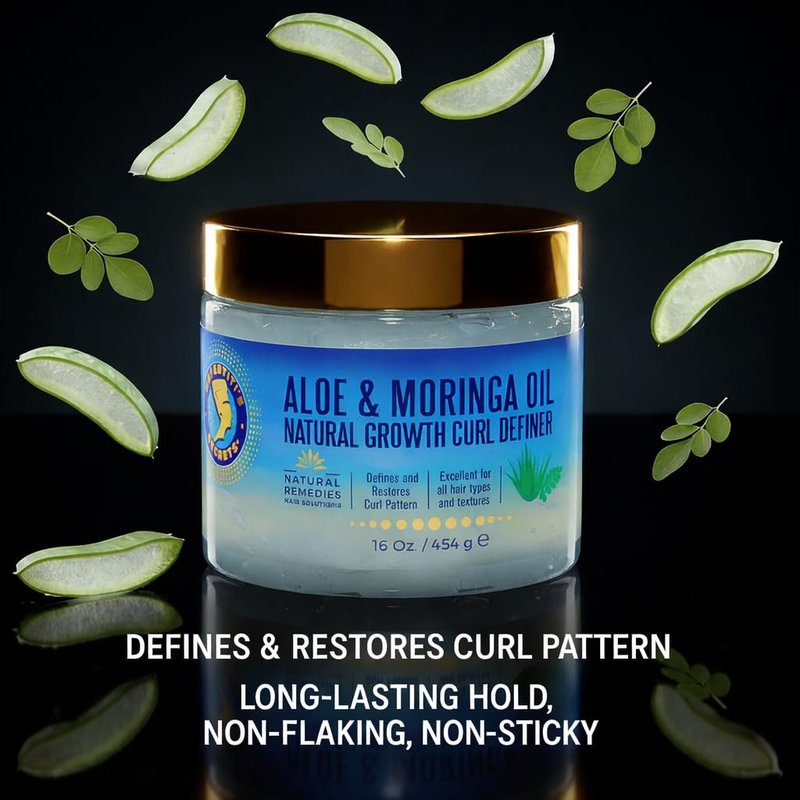 Nefertiti's Secrets Natural Growth Curl Definer Gel | Aloe Vera and Moringa Oil for Hair Strength & Moisture | Strong Hold | Frizz Controller | Hair Curling Gel for Women & Men | 16 Oz / 454 mL