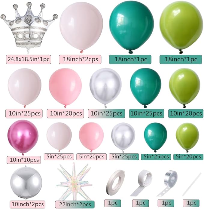 253pcs Pink and Green Balloon Garland Arch Kit, Metallic Silver Dark Green Light Pink Latex Balloons with Crown Iridescent Explosion Star Balloon for Birthday Witch Themed Party Decorations