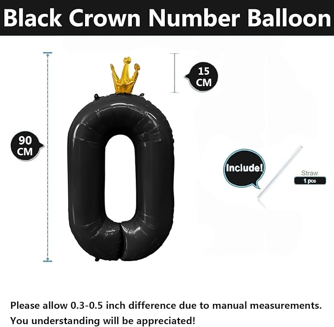 Black Number 0 Balloon with Crown, 40 inch Black Number Balloon 0th Birthday Party Decoration Black Crown Balloons 0-9 for Birthday Party Anniversary Decorations Supplies