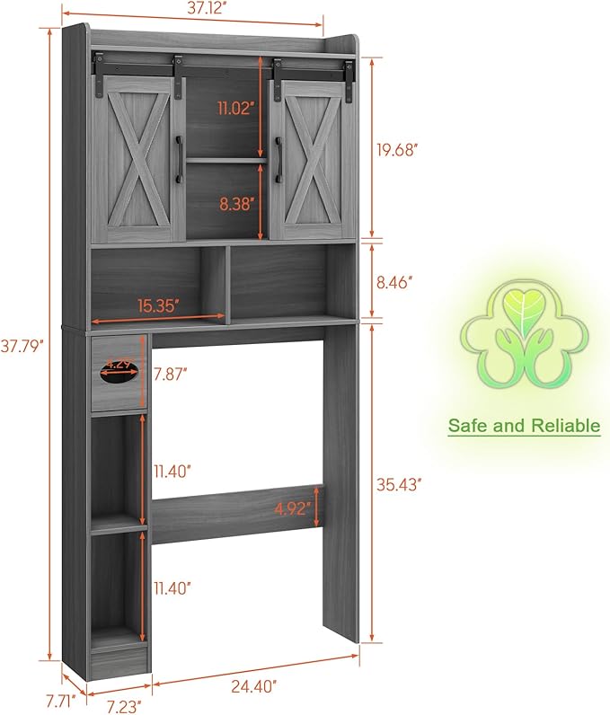 Farmhouse Over The Toilet Storage Cabinet with Sliding Door & Toilet Paper Holder Stand, Space-Saving for Bathroom & Restroom, Wash Grey