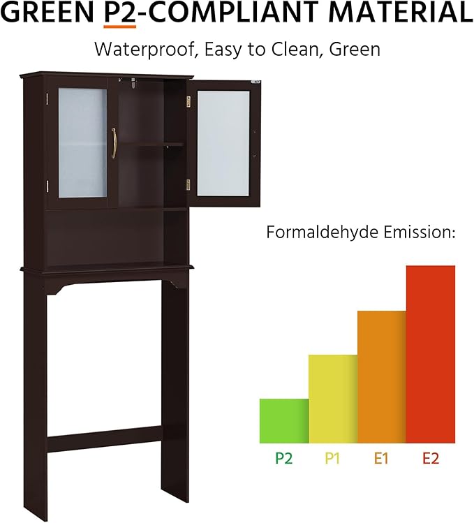 Yaheetech Over The Toilet Storage Cabinet, Free Standing Toilet Rack with Adjustable Shelves and Tempered Glass Doors for Bathroom Washroom, Espresso