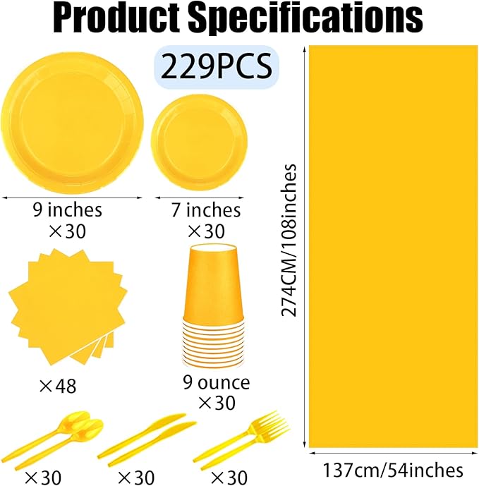 TWOWYHI 229PCS Yellow Party Supplies Set Paper Disposable Plates Cups Plastic Spoons Forks Knives Yellow Napkins for 30 Guests Disposable Party Dinnerware Sets for Wedding Birthday Parties