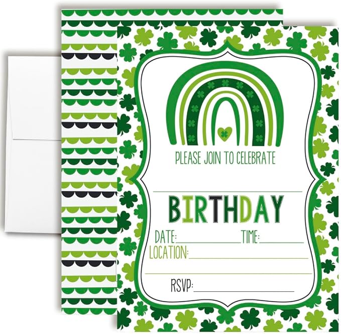 St. Patrick's Day Green Shamrock Rainbow Themed Birthday Party Invitations for Kids, 20 5x7 Fill In Cards with Twenty White Envelopes by AmandaCreation