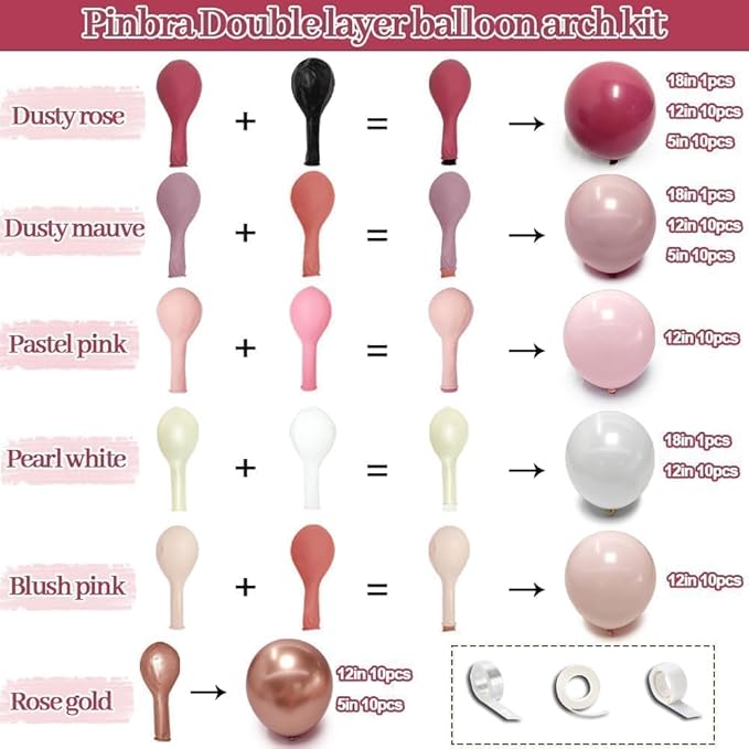 Dusty Rose Balloon Garland Double Stuffed Dusty Pink Mauve Pearl White Balloons Light Pink Cream Boho Balloon Arch Kit for Mother's Day Birthday Baby Shower Bridal Engagement Party Decorations