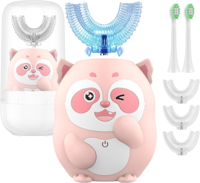 Kids Electric Toothbrush, U Shaped Toothbrush Kids Sonic Automatic Brush with 5 Brush Head 6 Sonic Clean Modes IPX7 Waterproof Raccoon Design Rechargeable Smart Timer for Children 2-7