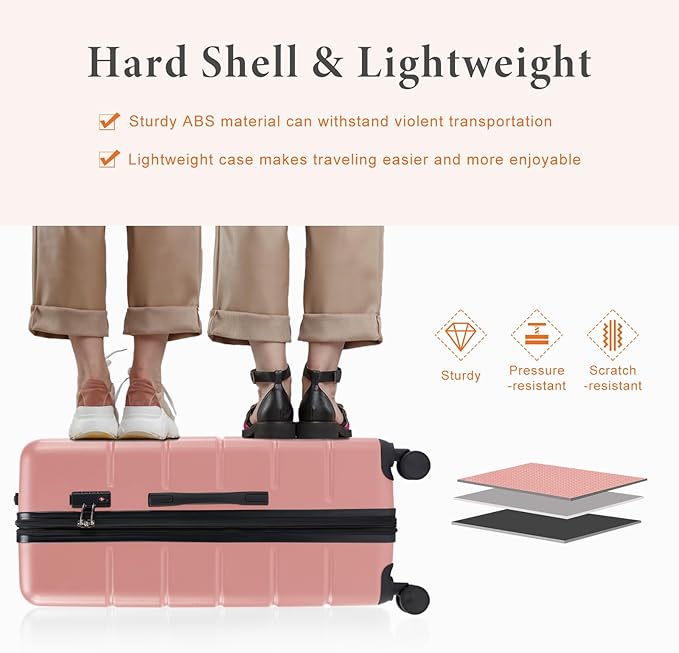 Sweetcrispy Carry on Suitcase, Luggage with Spinner Wheels, Hard Shell ABS, TSA Lock, 24 Inch Pink