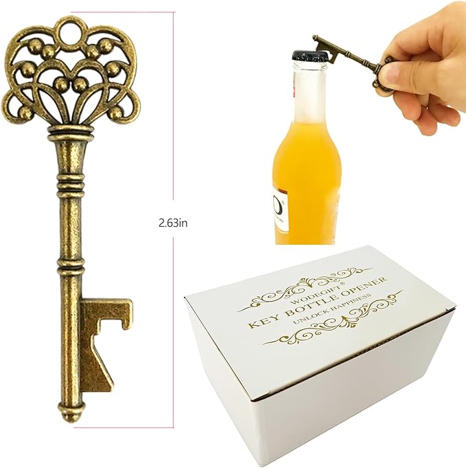 WODEGIFT 100 PCS Key Bottle Openers,Vintage Skeleton Key Bottle Opener with Escort Card Tag and Key Chains, Rustic Decoration for Wedding Favors,Return Gifts for Housewarming(Bronze)