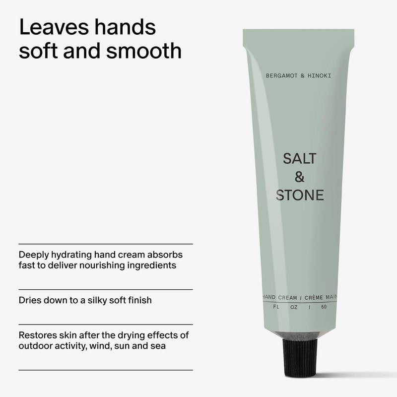 Salt & Stone Hand Cream for Women & Men | Hydrates, Nourishes & Softens Skin | Restores Dry Cracked Hands | Fast-Absorbing | Cruelty-Free & Vegan | Bergamot & Hinoki 2 fl oz
