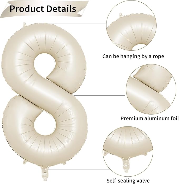 40 Inch Cream Number 8 Balloon, Beige Large 8th Birthday Balloons, Digital 8 Cream White Giant 8 Foil Balloon Helium for Boys Girls 8th Birthday Decorations Anniversary Baby Shower Party Decorations