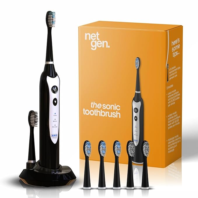 Sonic Electric Toothbrush for Adults with 5 Toothbrush Replacement Heads, 3 Brushing Modes & 2 Minutes Built-in Timer, Travel Toothbrushes with Inductive Charging, Rechargeable toothbrush | Black