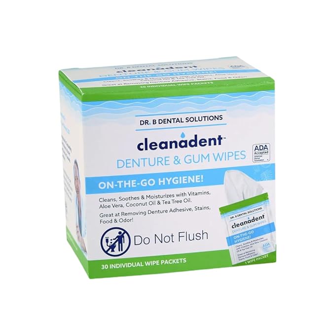 Dr. B Dental Solutions Cleanadent Wipes - Convenient Denture Cleaning Wipes, Refreshes Gums, No Artificial Colors/Flavors - 60 Count
