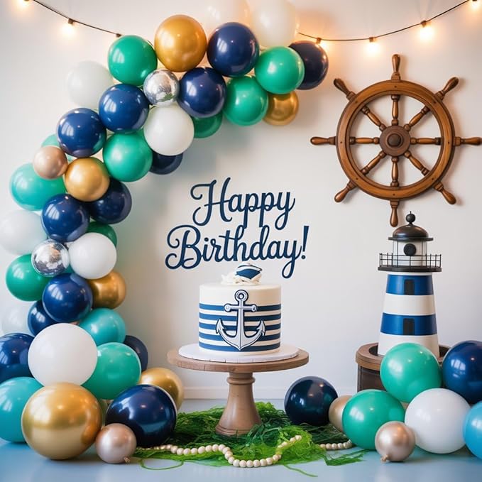 Ocean Theme Balloons Arch Kit, Sea Balloon Garland Arch Kit, Retro Sea Blue Apricot Silver Party Balloons for Ocean Voyage Shark Theme Birthday Party Decorations