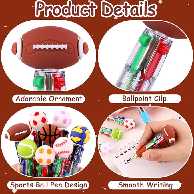 30pcs Mini Multicolor Pens in One 4-in-1 Cute Bulk Pens,Sport Soccer Rugby Basketball Retractable Pens Set for Sport Fans Valentines Party Favors Supplies Rewards Holiday Gifts