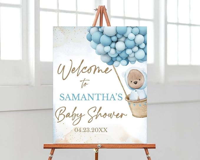 Baby Shower Sign, Baby Shower Welcome Sign, Blue Bear Balloon Baby Shower Welcome Sign, Blue Balloon Bear Baby Shower Sign, Baby Shower Decor