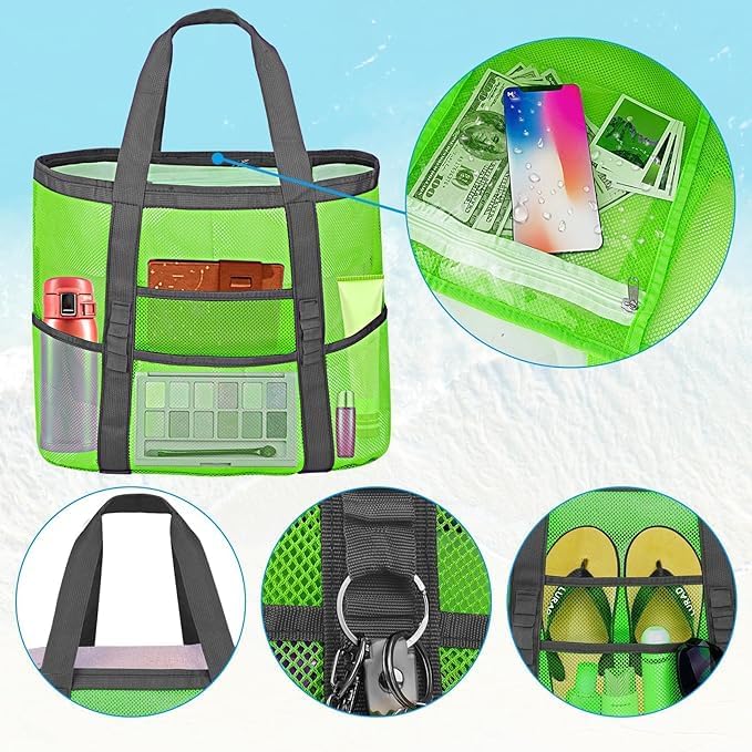 Mesh Beach Bags for Family - Women Beach Tote Bag for Toys, Towels, Travel Vacation Cruise Essentials