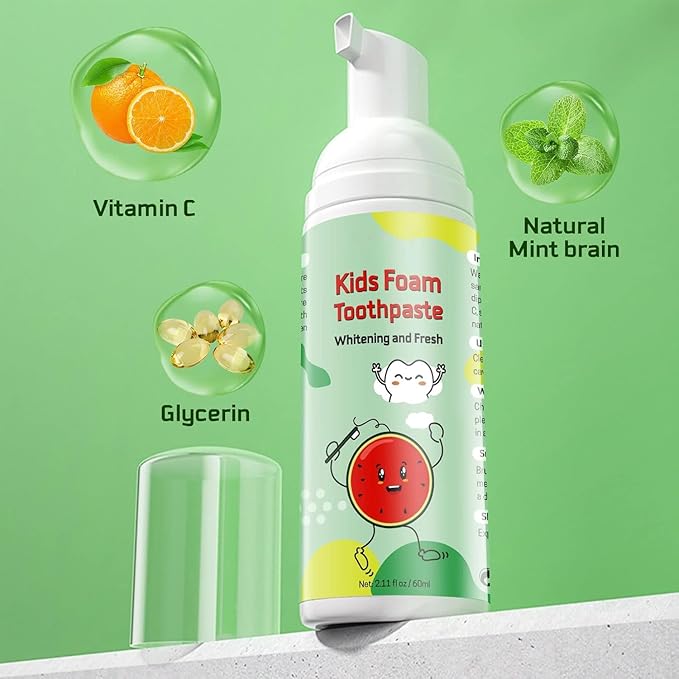 Foam Toothpaste Kids,Toddler Toothpaste with Low Fluoride & Natural Formula to Reduce Plaque, Kids Toothpaste for U Shaped Toothbrush for Children Ages 3 Plus (120 ML, Strawberry & Watermelon)