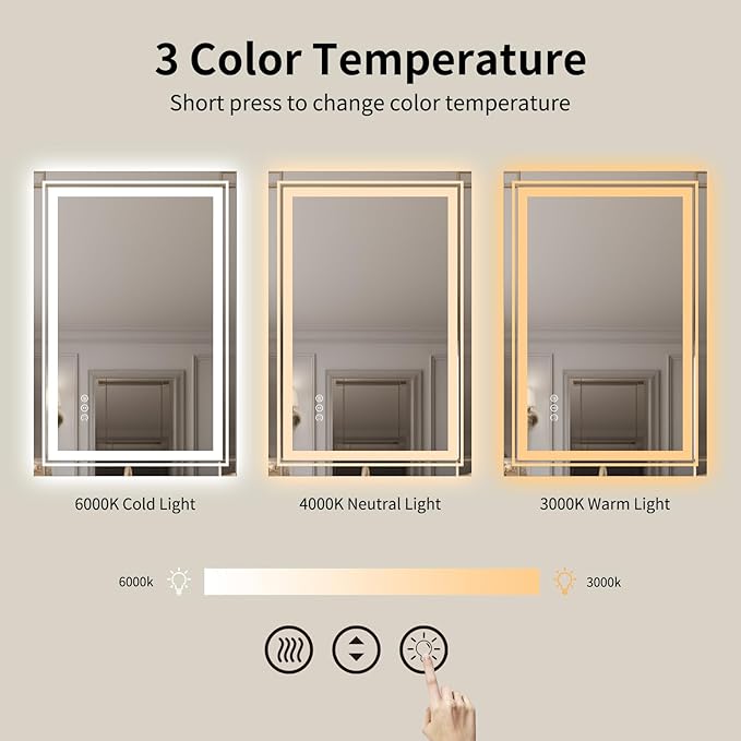 WTTY LED Bathroom Mirror, 24 x 32 with Backlit and Front Light,Stepless Dimmable LED Mirror for Bathroom,Anti-Fog Lighted Bathroom Vanity Mirror Modern for Wall,Memory Function,Shatter-Proof