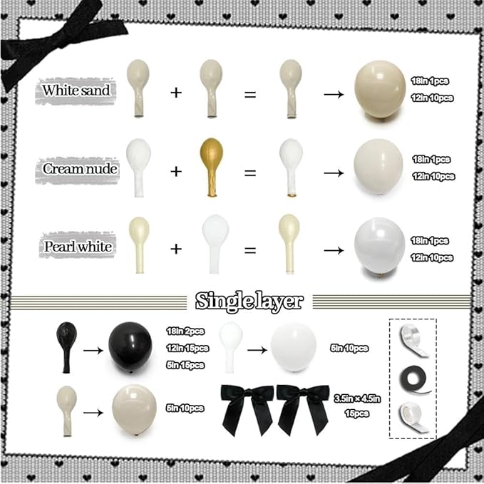 Black White Balloon Arch, Double Stuffed Pearl White Black Bow Balloon Garland Cream Ivory Sand Latex Balloons for Birthday Wedding Bridal Shower Engagement New Year Party Decorations