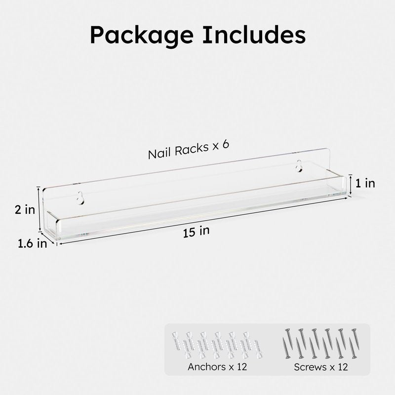 FEMELI Nail Polish Wall Rack: 6 Shelves 15 Inch Clear Acrylic Nail Polish Organizer for 66-90 Bottles Multi-Purpose Acrylic Floating Shelves (15 Inch, Clear)