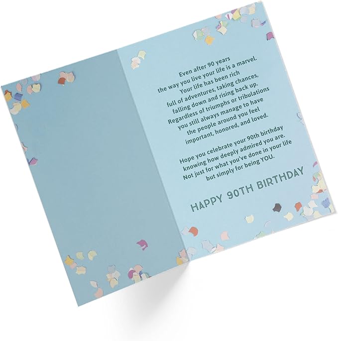 90th Birthday Card with Envelope - Baby Blue & Confetti Heartfelt Message | 5”x7.5” | (Single Card)