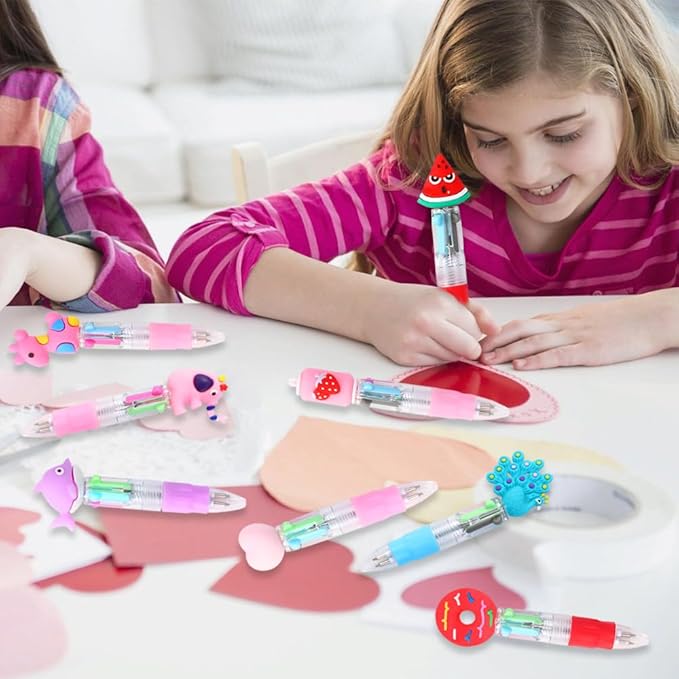 24PCS Valentines Fun Pens 0.7mm Cute Animal Multicolor Ballpoint Pens Retractable 4 Colors in One Valentines Stationery Party Favors School Supplies Students Rewards