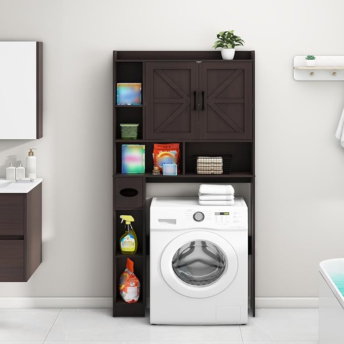 Vabches Over The Toilet Storage Cabinet, Farmhouse Storage Cabinet Over Toilet with 2 Barn Door & Toilet Paper Holder Stand，Home Space-Saving Toilet Rack, for Bathroom, Restroom, Laundry