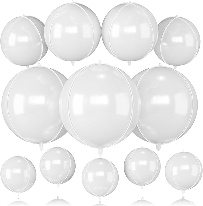 12Pcs White Round Balloons Foil, 22" 18" 15" 10" 4D Round Ball Shaped Balloon, Giant White Foil Balloons for Wedding Engagement Bridal Shower Prom Birthday Party Decorations Backdrop