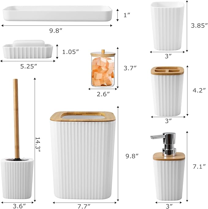 Bathroom Accessory Set, 9-Piece White Bathroom Set with Trash Can, Tray, Soap Dispenser, Toothbrush Holder, Toothbrush Cup, Soap Dish, Toilet Brush and Q-tip Holders for Bathroom/Housewarming
