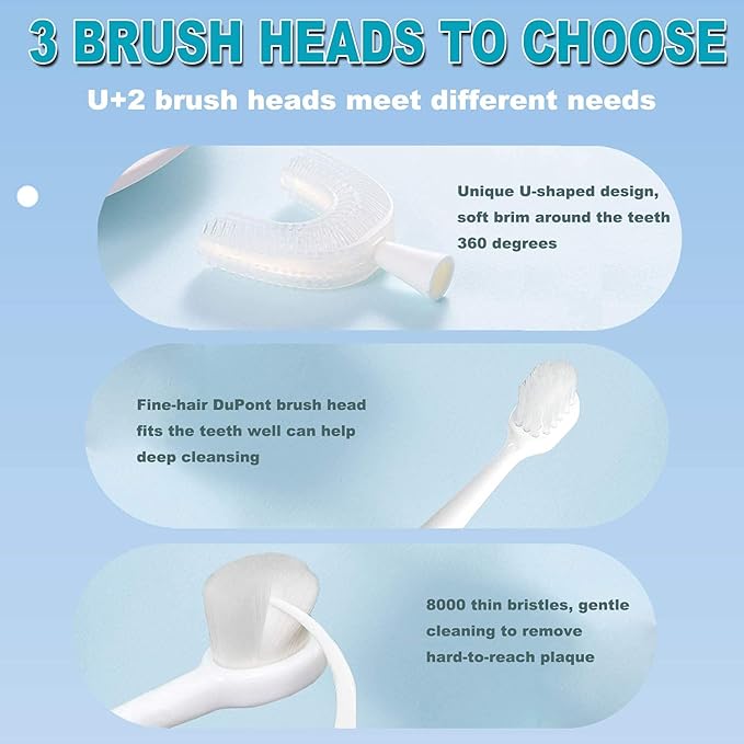 Kids Electric Toothbrush, U-Shaped Automatic Toothbrush,360° Cleaning with Three Types of Brush Heads,Large for 7-12 Years,Cartoon Modeling,Black,1 Pack