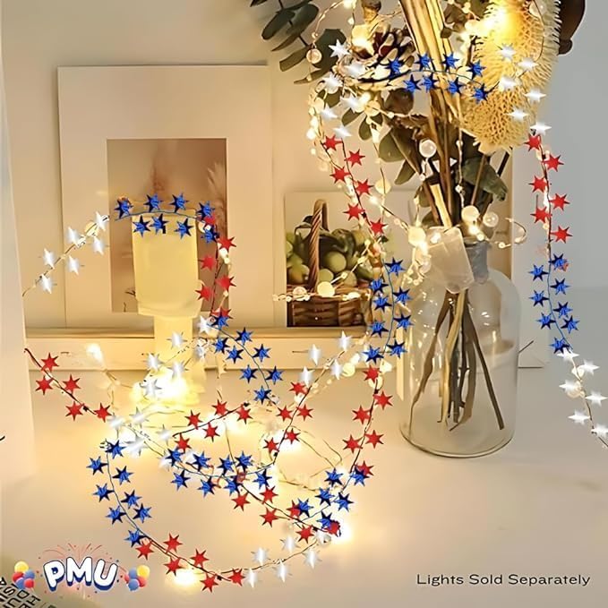 PMU 150 Ft Patriotic Star Garlands with Wire, Shiny Metallic Garland for 4th of July, National Day, Independence Day, Red, White and Blue (6pc-25Ft Each)