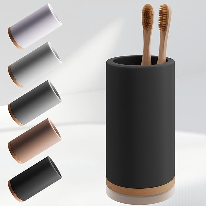 Matani Bamboo Toothbrush Holder Diatomite Tooth Brush Organizer - Storage Stand for Small Bathroom & Counter - Removable Base & Drain Holes, Water-Absorbent & Quick-Drying (Black)