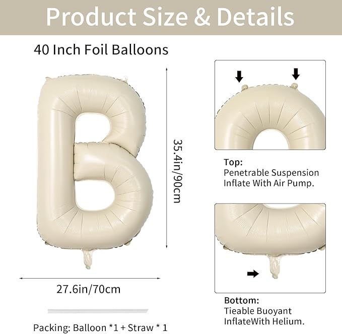 Biapian 40 Inch Giant Cream Foil Balloon - Large Aluminum B Balloons for Birthday, Baby Shower, Wedding, Anniversary Party Decoration