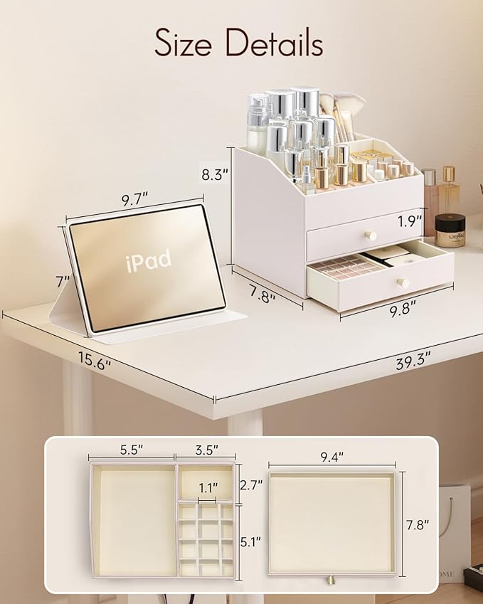 Vlando Makeup Organizer,Skincare Organizer for Vanity，PU Leather Make up Organizer with Drawers Cosmetic Display Case for Countertop,Perfume,Gifts Ideas for Women (Apricot White)