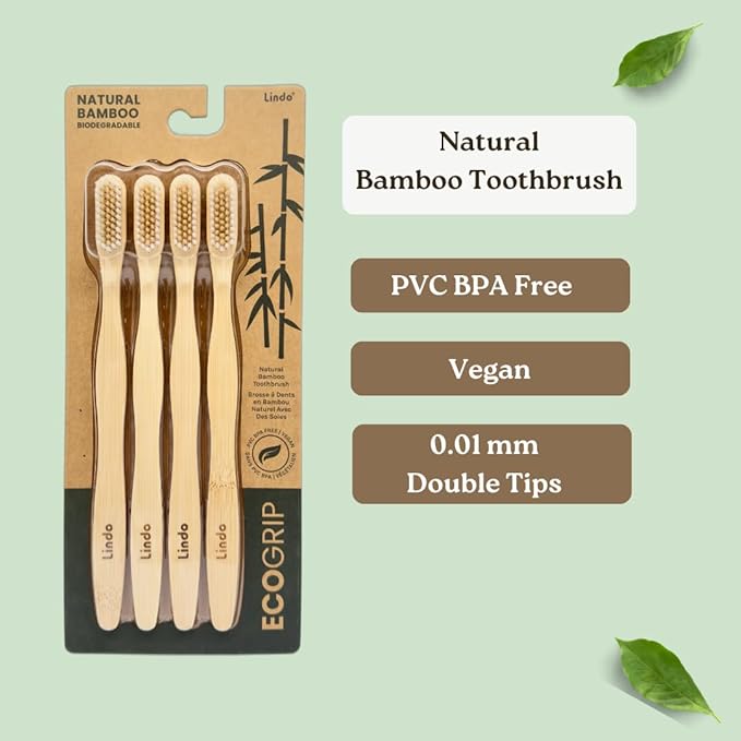 Lindo EcoGrip Bamboo Toothbrush - Soft German Made Fiber Bristles, Organic and Recyclable (Neutral)