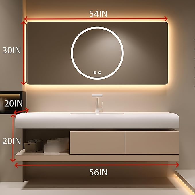 56IN Bathroom Vanity with Sink - Bathroom Cabinet Set has 2 Drawers & Overflow Hole Wall Mounted | LED Practical Defogging Mirror, Open Compartments, Seamless Rock Slab Basin (Khaki)