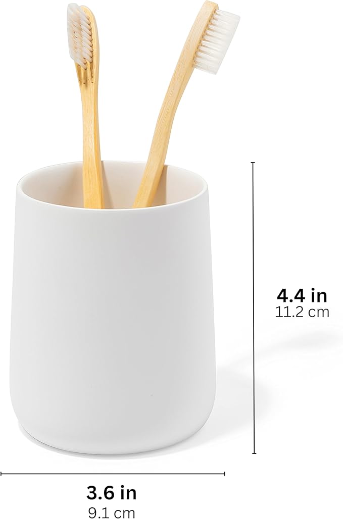 Matte White Toothbrush and Toothpaste Holder and Cup for Bathroom Vanity and Countertop, Round Organizer for Electric Toothbrushes, Floss, Razors, Cotton, and Mouthwash