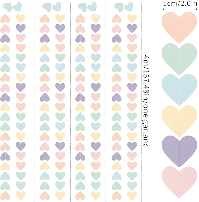 Pastel Rainbow Birthday Party-Decorations Streamers - 52FT Yellow Blue Mint Pink Purple Hanging Heart Garland Banner,Valentines Baby Bridal Shower Bachelorette Engagement Backdrop Decor Hugtmr