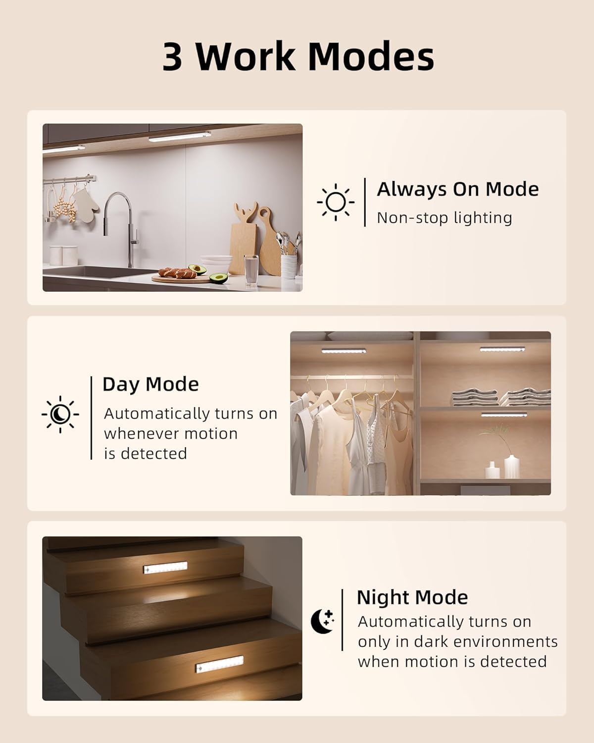 EZVALO 6-Pack Under Cabinet Lighting, 2000mAh Rechargeable Wireless Motion Sensor Lights, 62LEDs, 3 Color Temps, Dimmable, Timer, Magnetic, with Remote Control for Kitchen, Closet, Stair