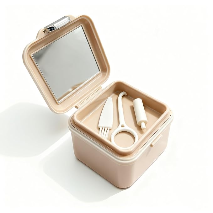 Denture Soaking Container Retainer Cleaner Case, Leak Proof Denture Bath Box with Strainer Basket, with Cleaning Brush Dentures Cup, with Mirror Waterproof Denture Holderfor Travel（beige）