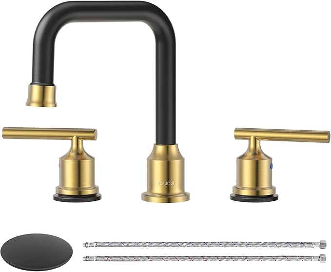WOWOW Widespread Bathroom Faucet 3 Hole Bathroom Sink Faucet 2 Handle Vanity Faucet 8 Inch with Pop-Up Drain Black and Gold