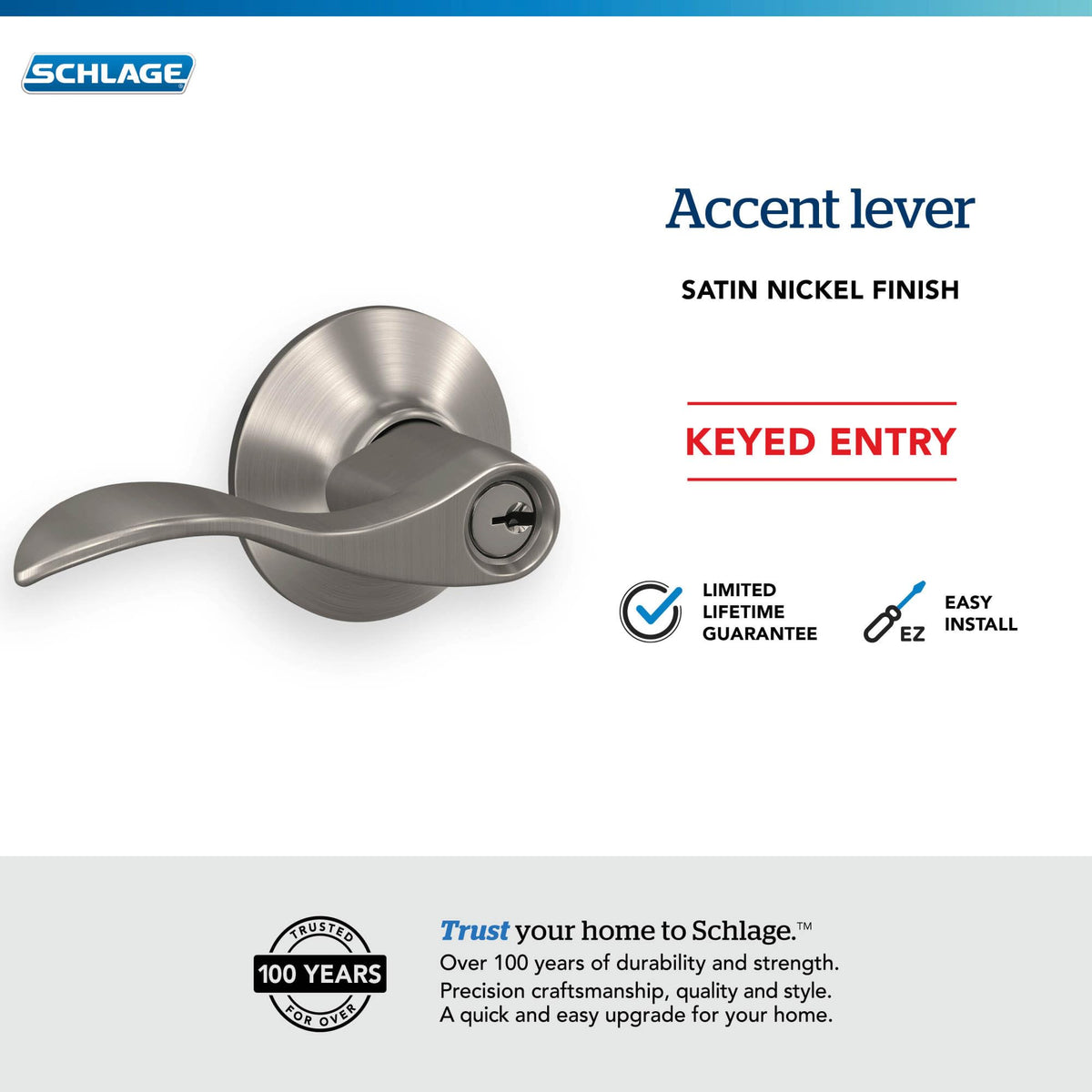Schlage F51A ACC 619 Accent Door Lever, Keyed Entry Lock, Satin Nickel