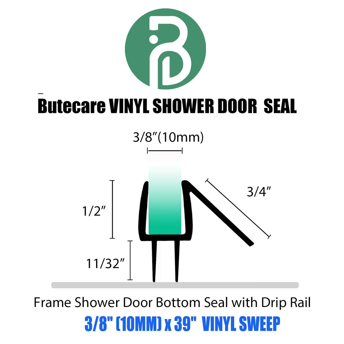 2-Pack Butecare Frameless Shower Door Bottom Seal for Glass Doors – Stop Shower Leaks and Create a Water Barrier (3/8” x 39”)