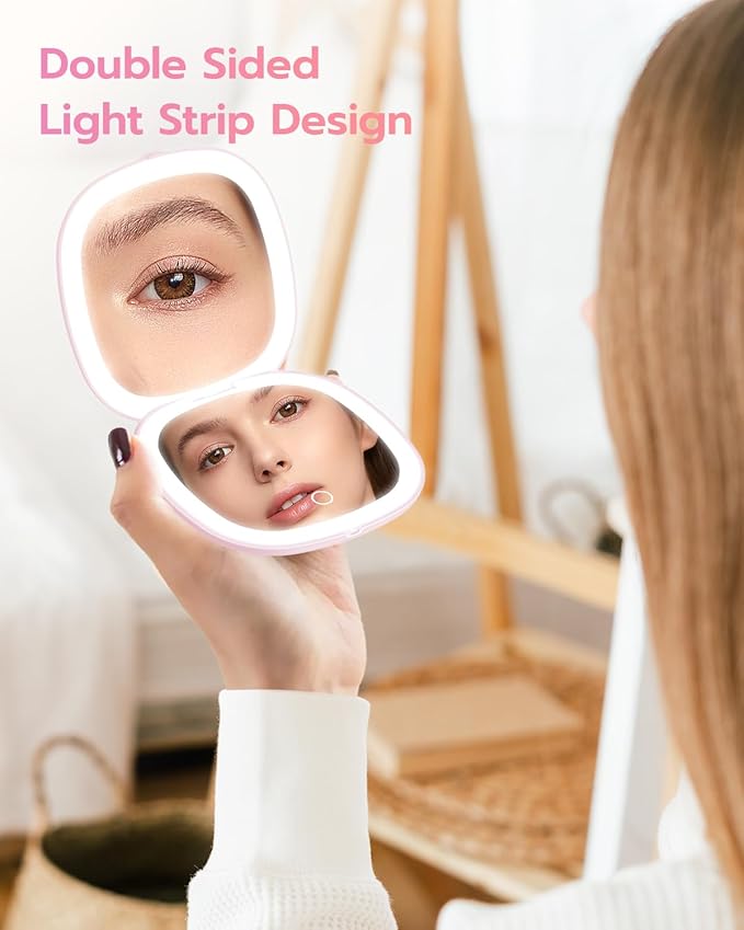 Benbilry 3.9" Rechargeable Compact Makeup Mirror with 3 Light Colors and Magnification 1X / 10X, Double Light Strip Dimmable Small LED Travel Mirror for Purse, Light Pink