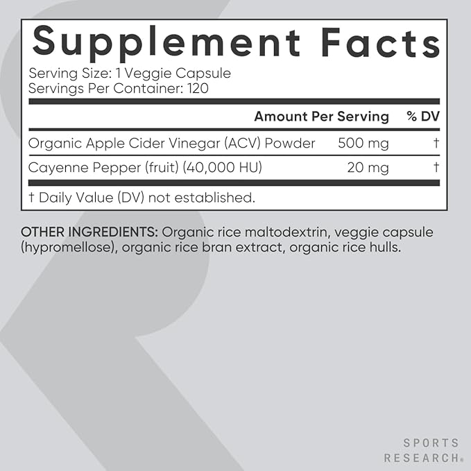 Sports Research Apple Cider Vinegar with Cayenne Pepper | Made from Organic Fermented Apple Cider - Non-GMO Project Verified & Vegan Certified (120 Veggie Capsules)