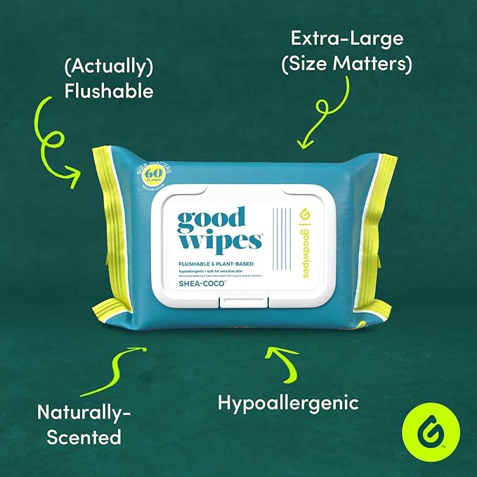 Goodwipes Flushable Butt Wipes - Vitamin E & Aloe - Soft & Gentle Wet Wipe Dispenser, Septic & Sewer Safe - Largest Adult Toilet Towelettes - Shea-Coco, 180 Count (3 Packs) + 3 Individually Wrapped
